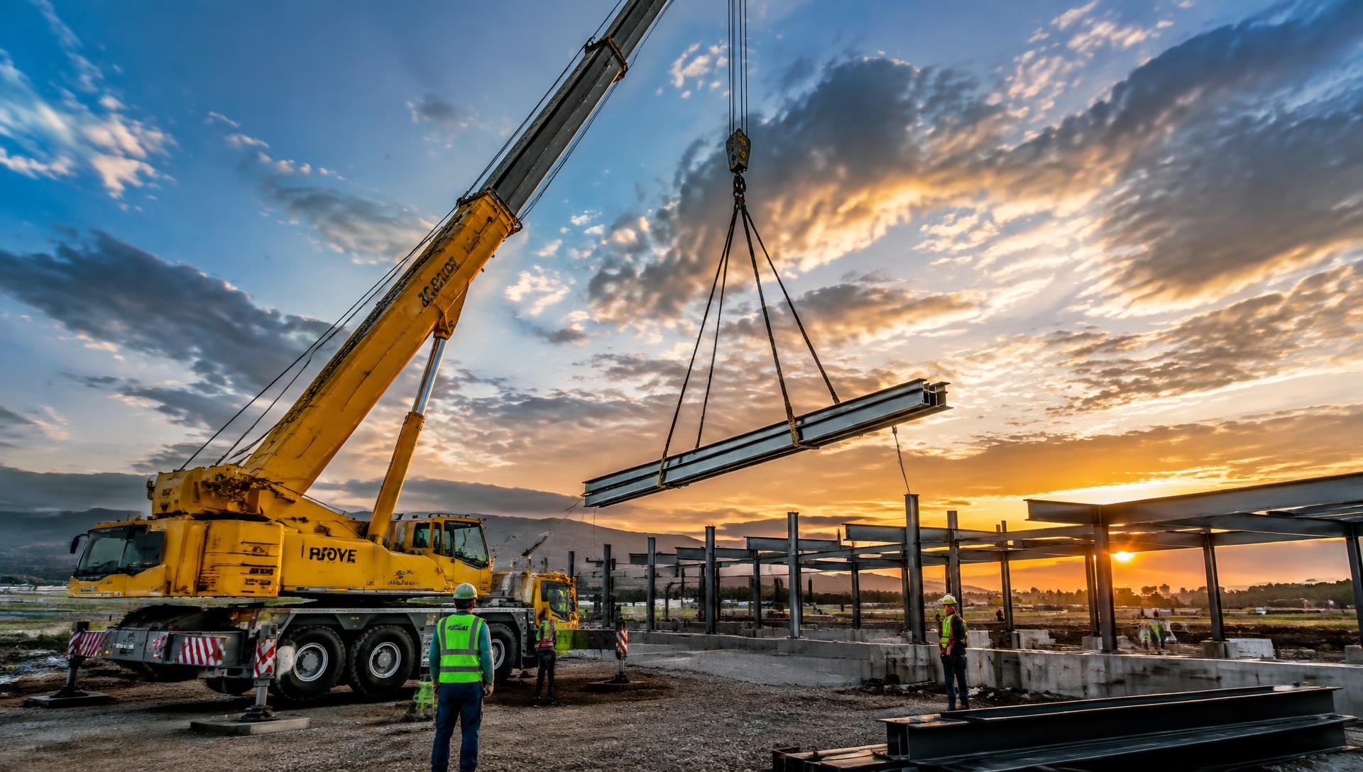 Mobile crane lifting steel beams